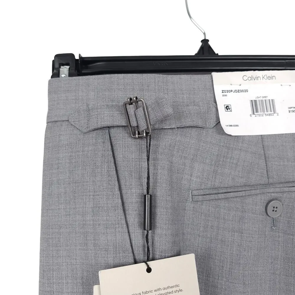 Calvin Klein Mens Slim Fit Wool Dress Pants 34x30 Light Grey Solid Pleated NWT